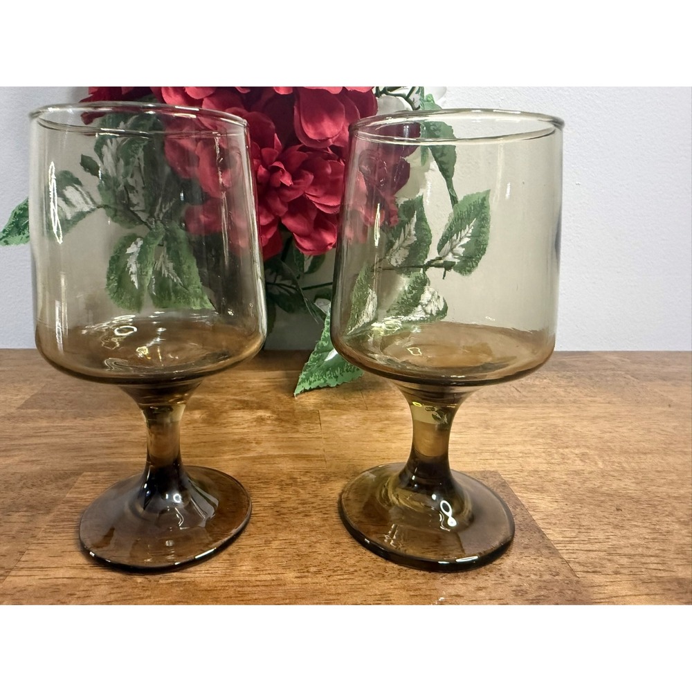 Vintage Amber Pedestal Wine Glasses Libbey Style MCM Barware Set Holiday